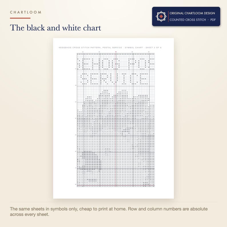 The black and white symbol chart from the hedgehog postal service cross stitch pattern PDF, symbols only