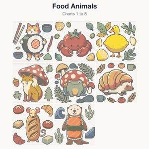 The first 8 cross stitch charts in the Food Animals bundle