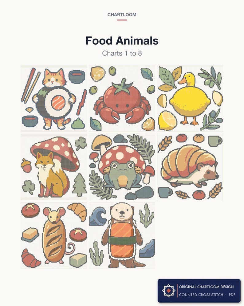 The first 8 cross stitch charts in the Food Animals bundle