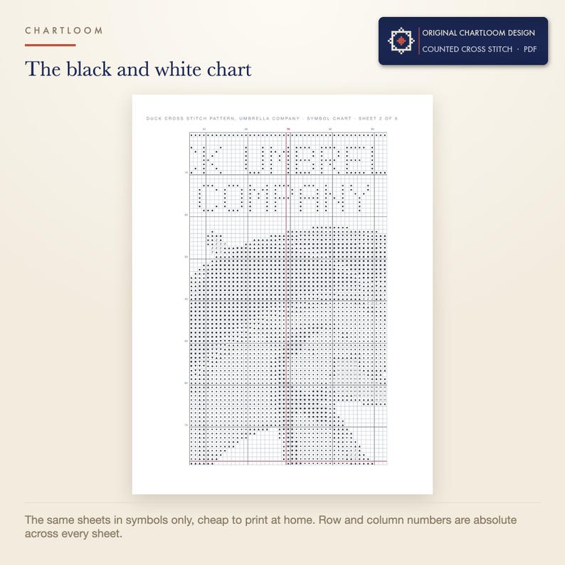 The black and white symbol chart from the duck umbrella company cross stitch pattern PDF, symbols only