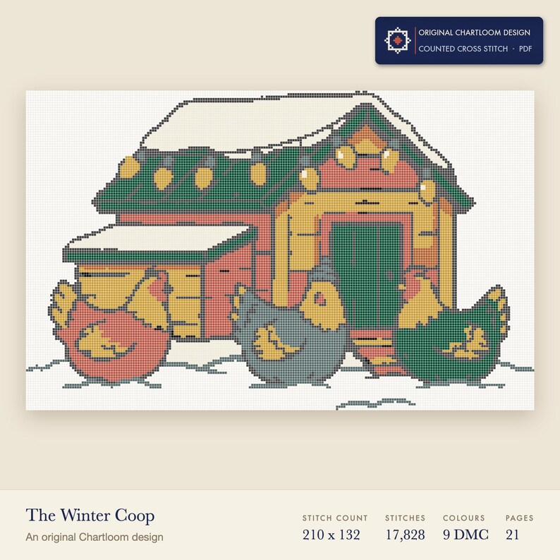 hens before a winter coop cross stitch chart shown as a colour preview with the stitch count and thread count