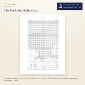 The black and white symbol chart from the pigeon message center cross stitch pattern PDF, symbols only