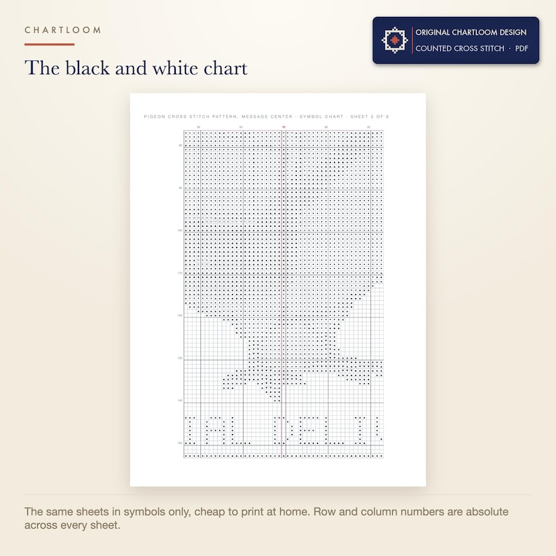 The black and white symbol chart from the pigeon message center cross stitch pattern PDF, symbols only