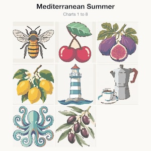 The first 8 cross stitch charts in the Mediterranean Summer bundle