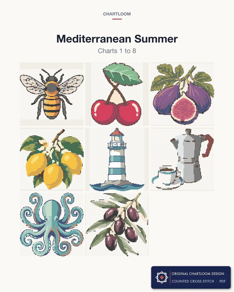 The first 8 cross stitch charts in the Mediterranean Summer bundle
