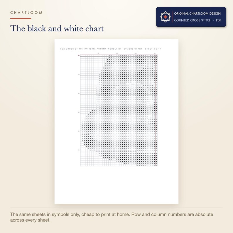 The black and white symbol chart from the a red fox cross stitch pattern PDF, symbols only