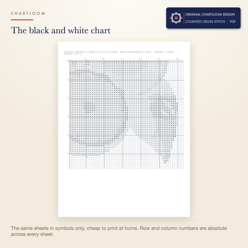 The black and white symbol chart from the an orange branch cross stitch pattern PDF, symbols only