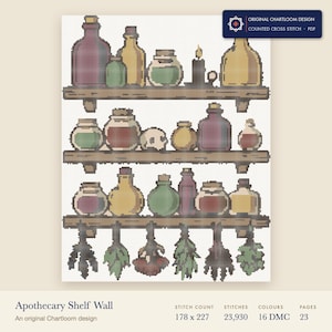 an apothecary shelf wall cross stitch chart shown as a colour preview with the stitch count and thread count