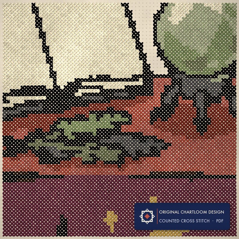 Close up of the an occult altar cross stitch design worked stitch by stitch, every cross and thread colour visible