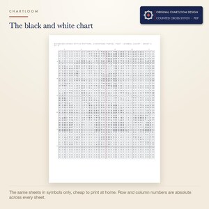 The black and white symbol chart from the a reindeer hauling parcels cross stitch pattern PDF, symbols only