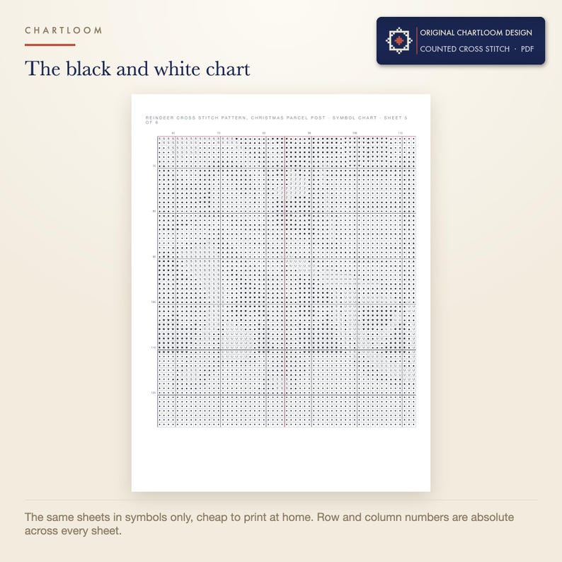 The black and white symbol chart from the a reindeer hauling parcels cross stitch pattern PDF, symbols only