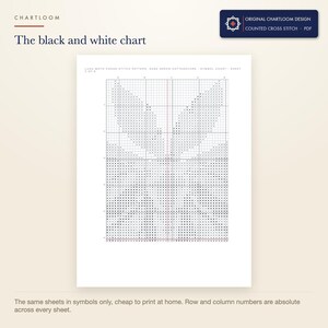 The black and white symbol chart from the a luna moth cross stitch pattern PDF, symbols only