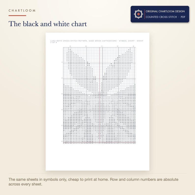 The black and white symbol chart from the a luna moth cross stitch pattern PDF, symbols only