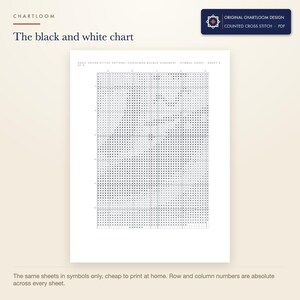 The black and white symbol chart from the a snail whose shell is a bauble cross stitch pattern PDF, symbols only