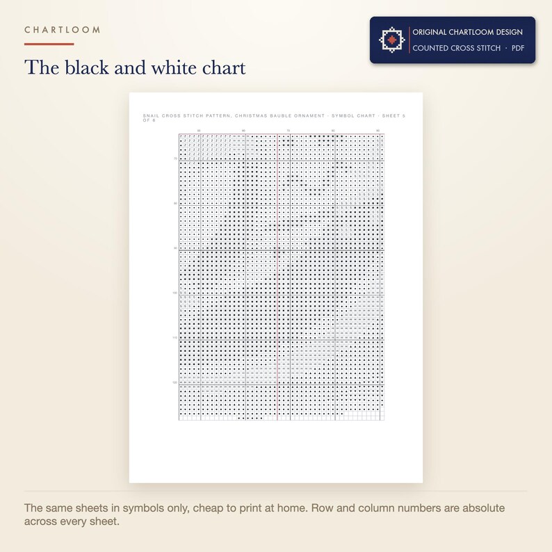 The black and white symbol chart from the a snail whose shell is a bauble cross stitch pattern PDF, symbols only