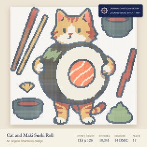 cat cross stitch chart shown as a colour preview with the stitch count and thread count