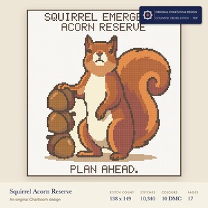 squirrel acorn reserve cross stitch chart shown as a colour preview with the stitch count and thread count