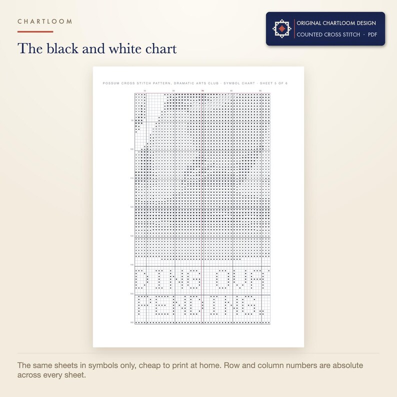 The black and white symbol chart from the possum dramatic arts club cross stitch pattern PDF, symbols only