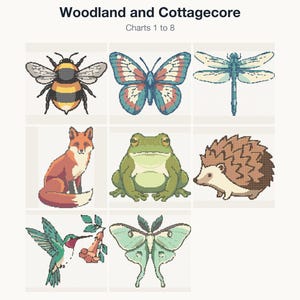The first 8 cross stitch charts in the Woodland and Cottagecore bundle