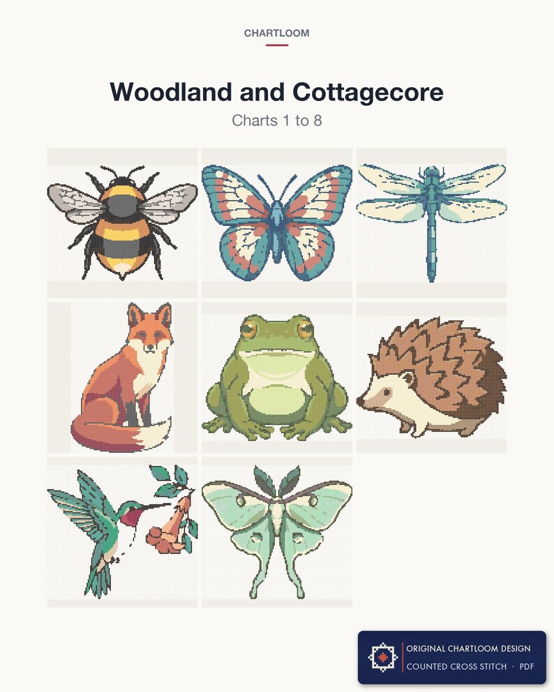 The first 8 cross stitch charts in the Woodland and Cottagecore bundle