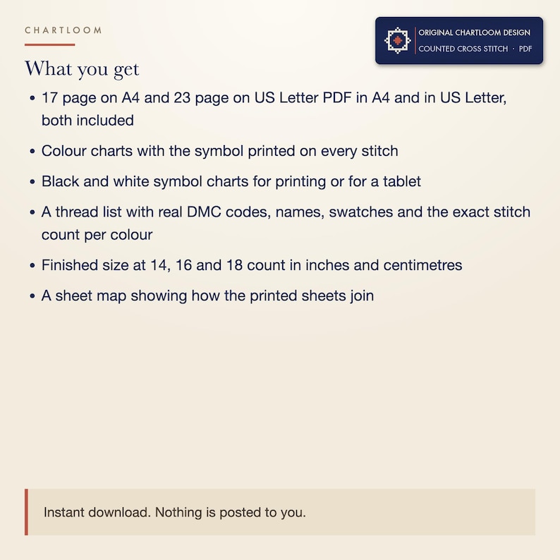 What is included in the pigeon message center cross stitch pattern download