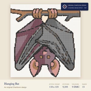 hanging bat cross stitch chart shown as a colour preview with the stitch count and thread count