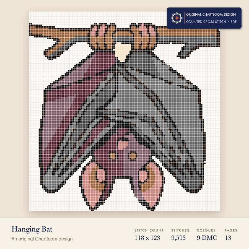 hanging bat cross stitch chart shown as a colour preview with the stitch count and thread count