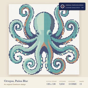 an octopus cross stitch chart shown as a colour preview with the stitch count and thread count