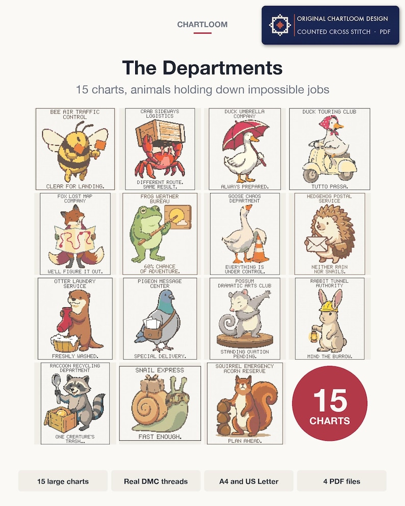 All 15 The Departments cross stitch charts shown together as one bundle