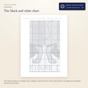 The black and white symbol chart from the fox lost map company cross stitch pattern PDF, symbols only