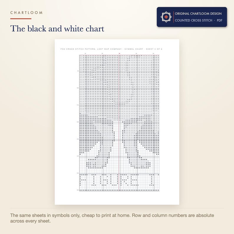 The black and white symbol chart from the fox lost map company cross stitch pattern PDF, symbols only