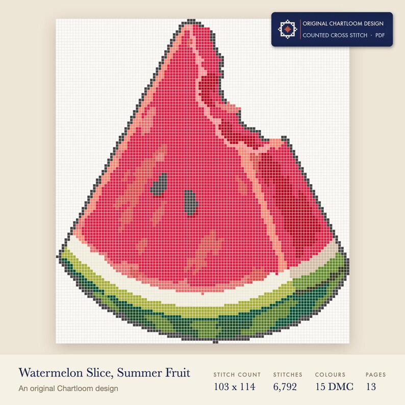 a watermelon slice cross stitch chart shown as a colour preview with the stitch count and thread count