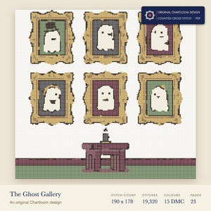 a gallery of ghost portraits cross stitch chart shown as a colour preview with the stitch count and thread count