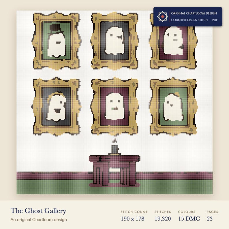 a gallery of ghost portraits cross stitch chart shown as a colour preview with the stitch count and thread count