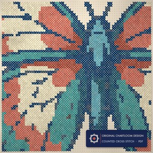 Close up of the a butterfly cross stitch design worked stitch by stitch, every cross and thread colour visible