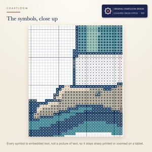 Close up of the printed symbols and grid on the a lighthouse cross stitch chart