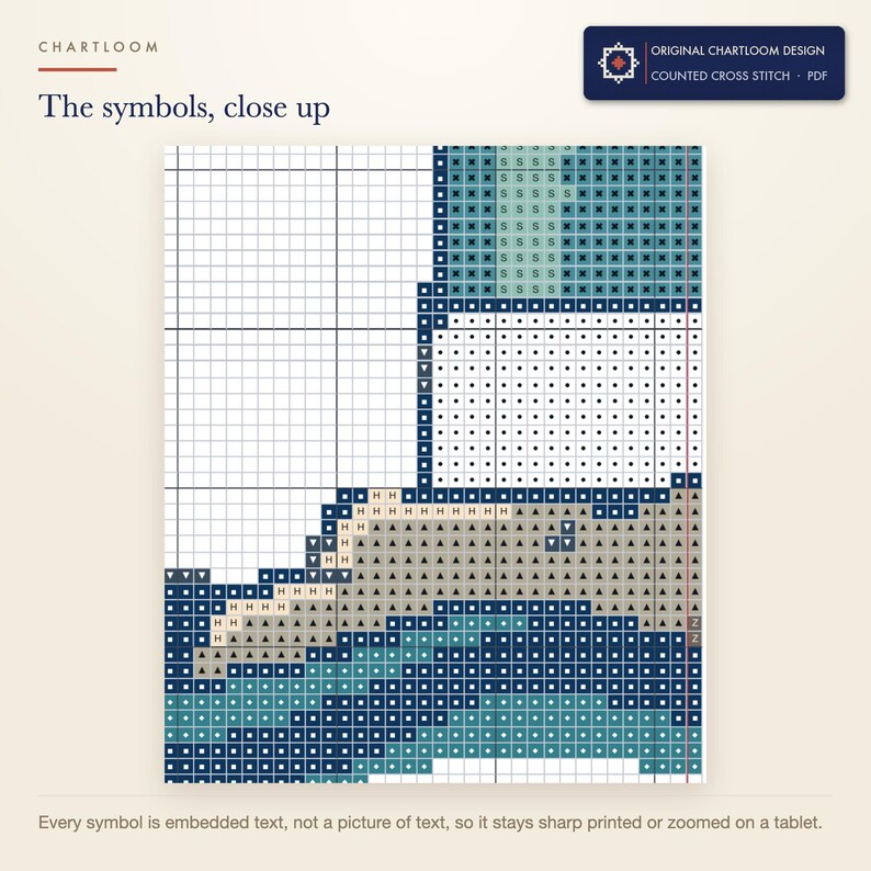 Close up of the printed symbols and grid on the a lighthouse cross stitch chart
