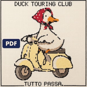 A finished duck touring club cross stitch piece, stitched and framed on a wall