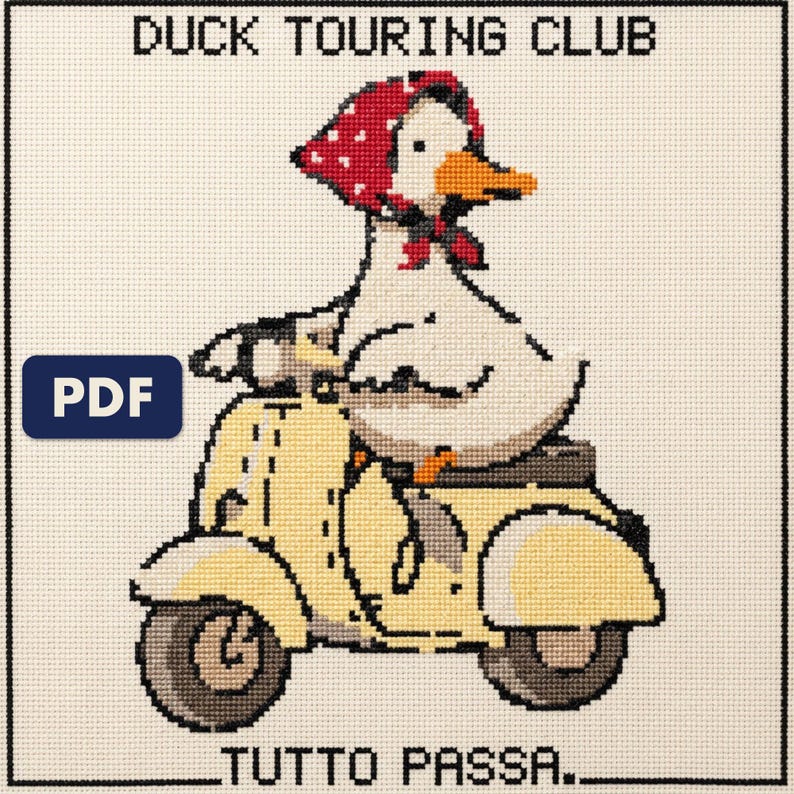 A finished duck touring club cross stitch piece, stitched and framed on a wall