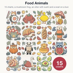 All 15 Food Animals cross stitch charts shown together as one bundle