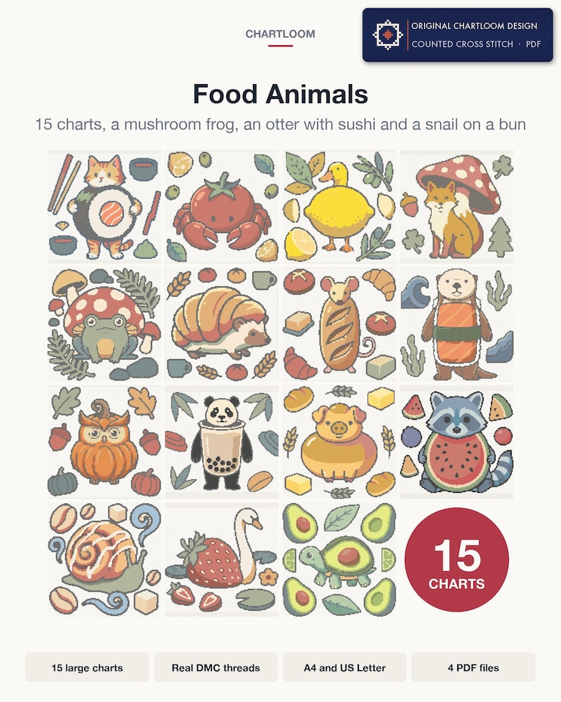 All 15 Food Animals cross stitch charts shown together as one bundle
