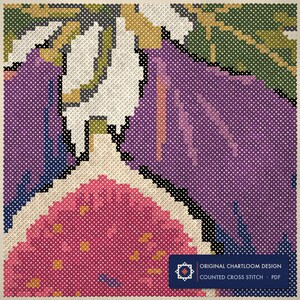 Close up of the purple figs cross stitch design worked stitch by stitch, every cross and thread colour visible