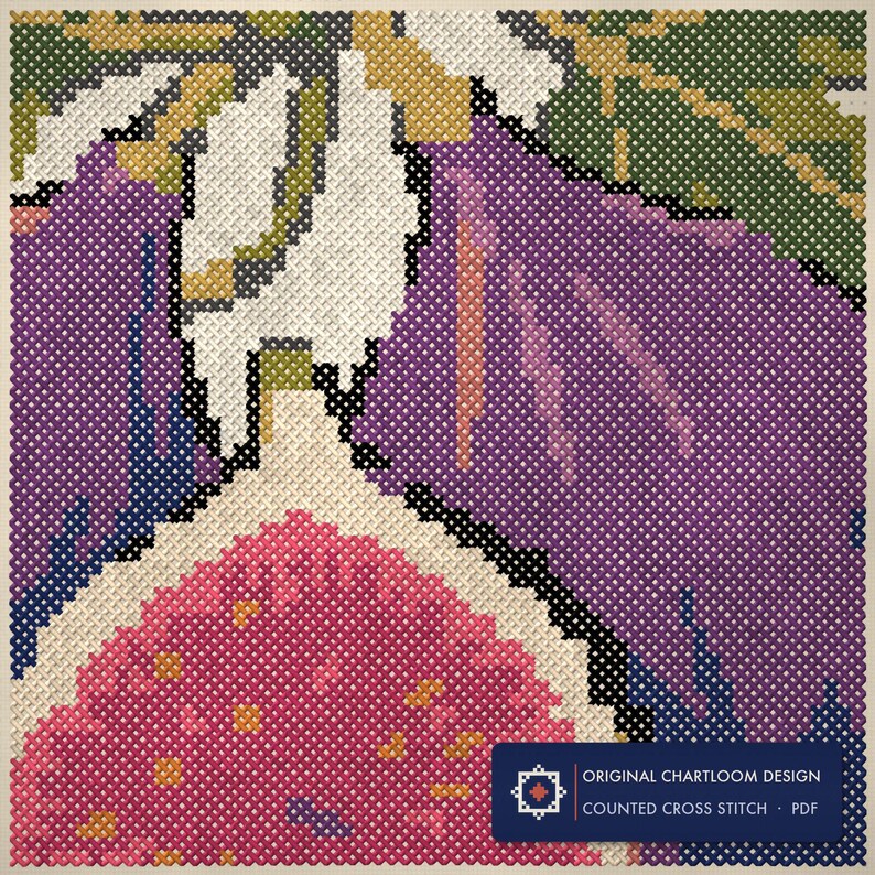 Close up of the purple figs cross stitch design worked stitch by stitch, every cross and thread colour visible