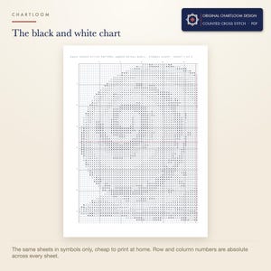 The black and white symbol chart from the a garden snail cross stitch pattern PDF, symbols only