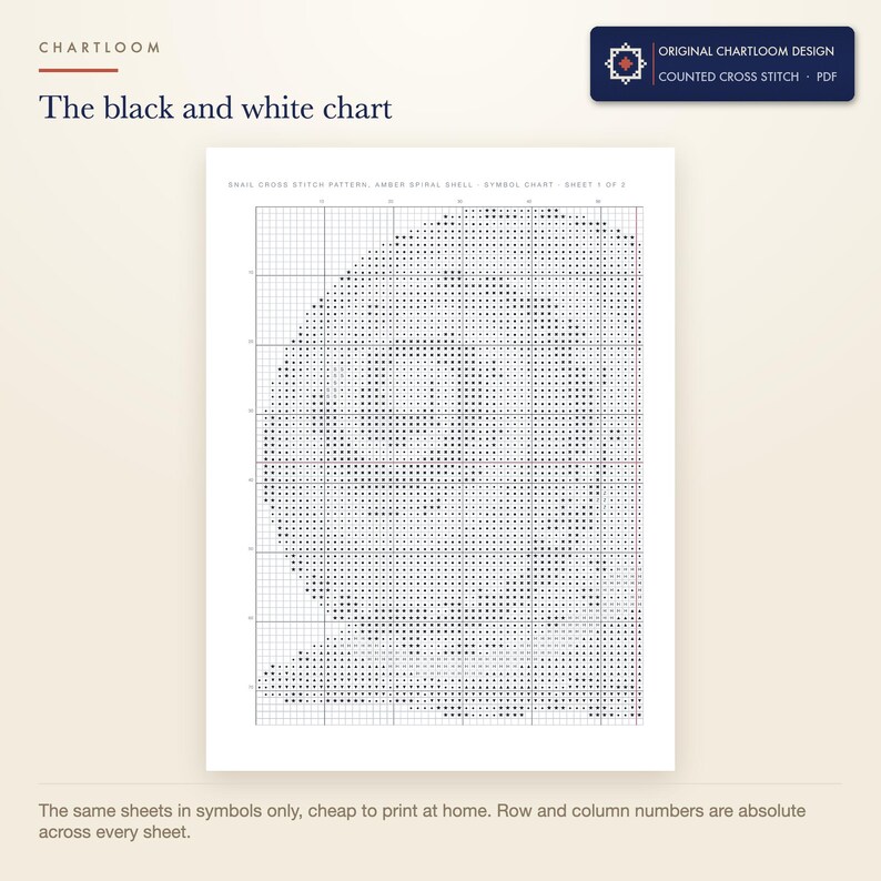 The black and white symbol chart from the a garden snail cross stitch pattern PDF, symbols only