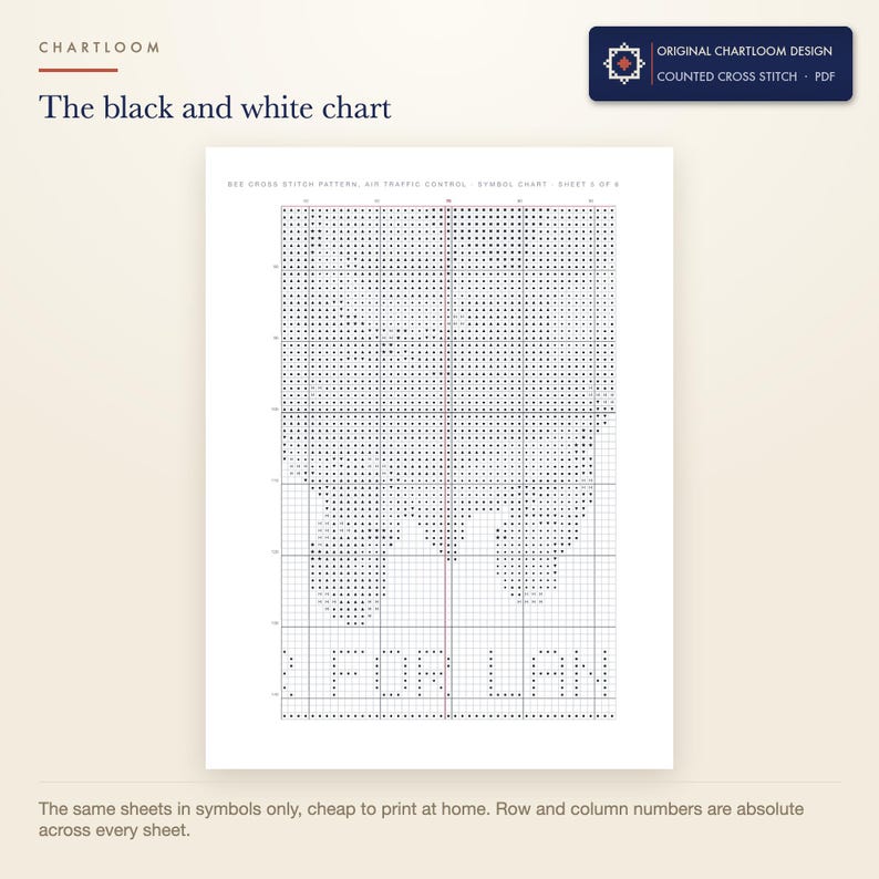 The black and white symbol chart from the bee air traffic control cross stitch pattern PDF, symbols only