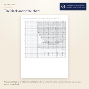 The black and white symbol chart from the snail express cross stitch pattern PDF, symbols only