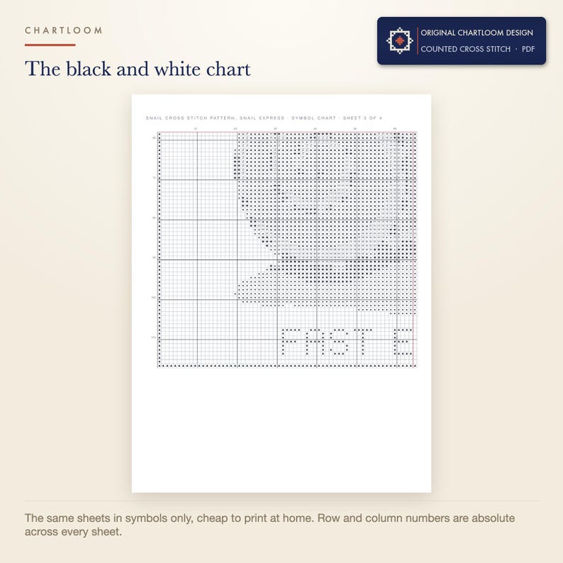 The black and white symbol chart from the snail express cross stitch pattern PDF, symbols only