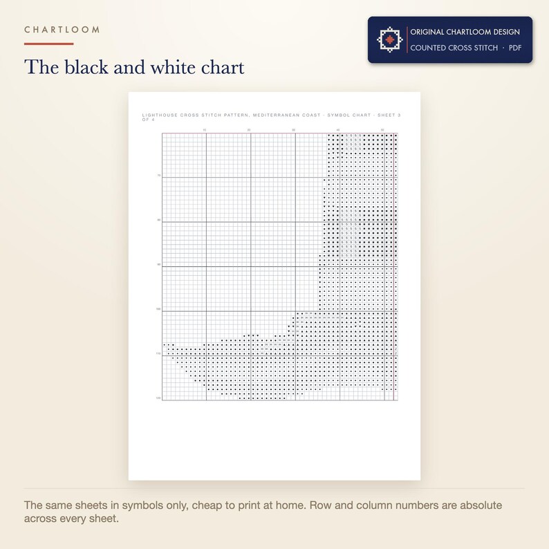 The black and white symbol chart from the a lighthouse cross stitch pattern PDF, symbols only