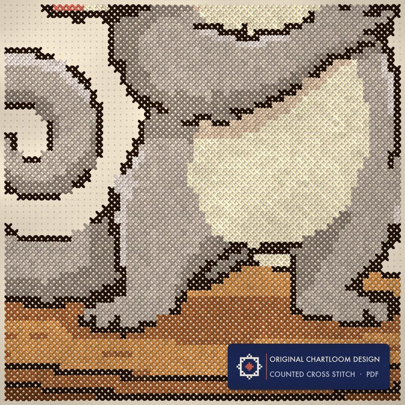 Close up of the possum dramatic arts club cross stitch design worked stitch by stitch, every cross and thread colour visible